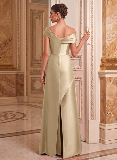 A-Line Asymmetrical Short Sleeves Floor-Length Satin Mother Of The Bride Dresses With Split Front Shoulder Ruffle Back Slit Tiered