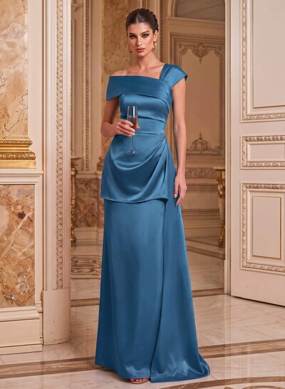 A-Line Asymmetrical Short Sleeves Floor-Length Satin Mother Of The Bride Dresses With Split Front Shoulder Ruffle Back Slit Tiered