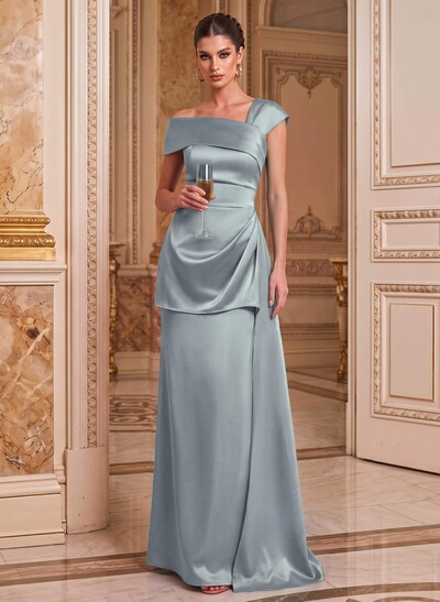 A-Line Asymmetrical Short Sleeves Floor-Length Satin Mother Of The Bride Dresses With Split Front Shoulder Ruffle Back Slit Tiered