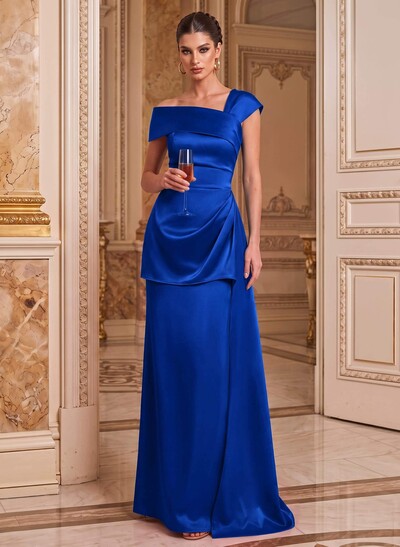 A-Line Asymmetrical Short Sleeves Floor-Length Satin Mother Of The Bride Dresses With Split Front Shoulder Ruffle Back Slit Tiered