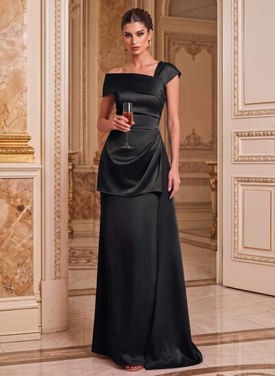 A-Line Asymmetrical Short Sleeves Floor-Length Satin Mother Of The Bride Dresses With Split Front Shoulder Ruffle Back Slit Tiered