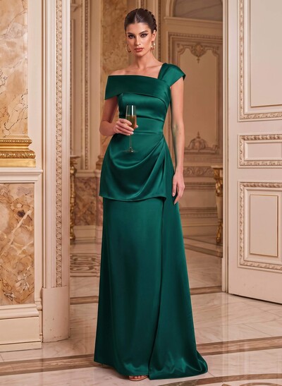 A-Line Asymmetrical Short Sleeves Floor-Length Satin Mother Of The Bride Dresses With Split Front Shoulder Ruffle Back Slit Tiered