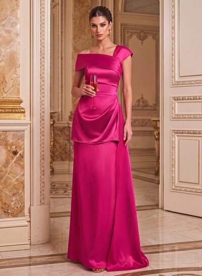 A-Line Asymmetrical Short Sleeves Floor-Length Satin Mother Of The Bride Dresses With Split Front Shoulder Ruffle Back Slit Tiered