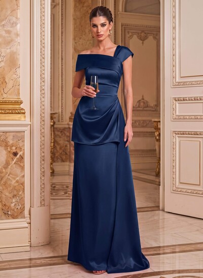 A-Line Asymmetrical Short Sleeves Floor-Length Satin Mother Of The Bride Dresses With Split Front Shoulder Ruffle Back Slit Tiered