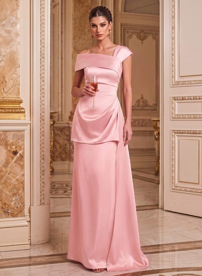 A-Line Asymmetrical Short Sleeves Floor-Length Satin Mother Of The Bride Dresses With Split Front Shoulder Ruffle Back Slit Tiered