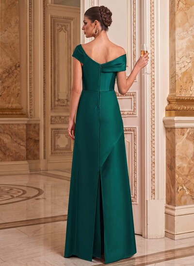 A-Line Asymmetrical Short Sleeves Floor-Length Satin Mother Of The Bride Dresses With Split Front Shoulder Ruffle Back Slit Tiered