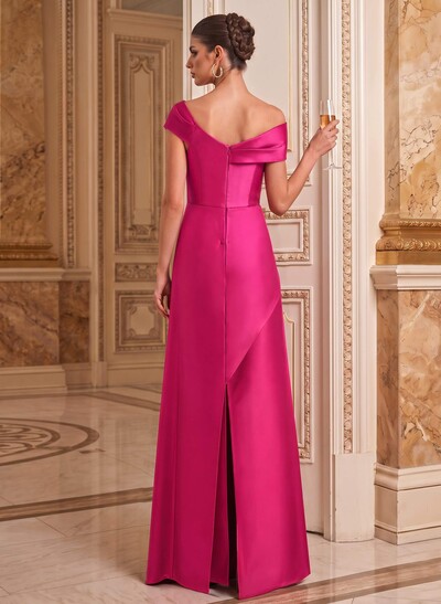 A-Line Asymmetrical Short Sleeves Floor-Length Satin Mother Of The Bride Dresses With Split Front Shoulder Ruffle Back Slit Tiered