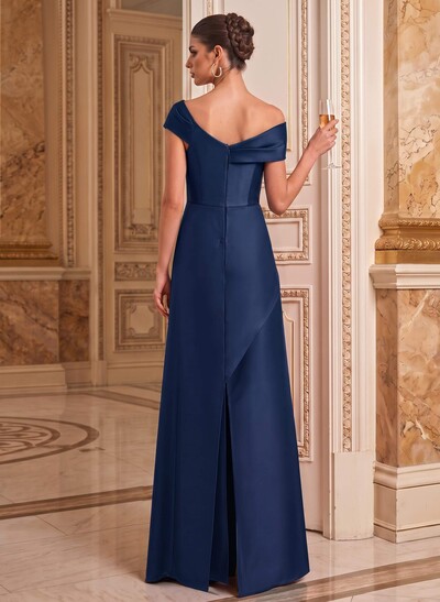 A-Line Asymmetrical Short Sleeves Floor-Length Satin Mother Of The Bride Dresses With Split Front Shoulder Ruffle Back Slit Tiered