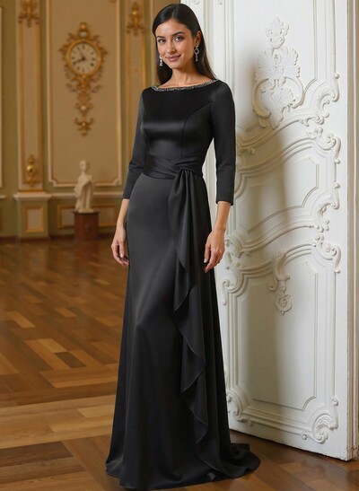 A-Line Scoop Neck 3/4 Sleeves Floor-Length Acetate Satin Mother Of The Bride Dresses With Rhinestone Sweeping Side Drape
