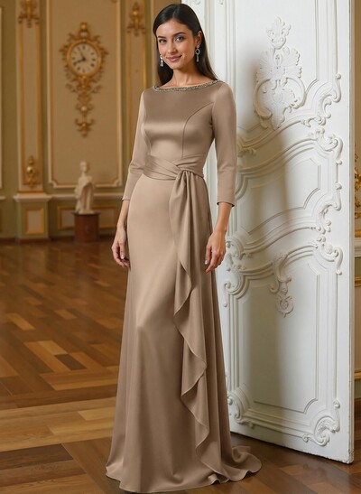 A-Line Scoop Neck 3/4 Sleeves Floor-Length Acetate Satin Mother Of The Bride Dresses With Rhinestone Sweeping Side Drape