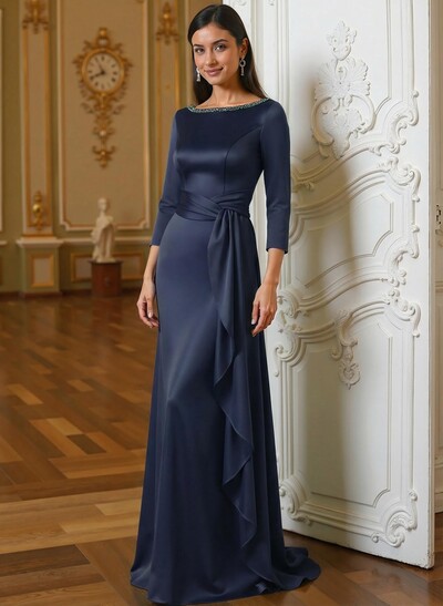 A-Line Scoop Neck 3/4 Sleeves Floor-Length Acetate Satin Mother Of The Bride Dresses With Rhinestone Sweeping Side Drape
