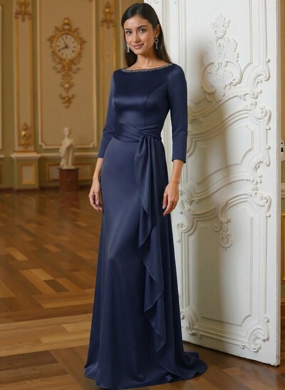 A-Line Scoop Neck 3/4 Sleeves Floor-Length Acetate Satin Mother Of The Bride Dresses With Rhinestone Sweeping Side Drape