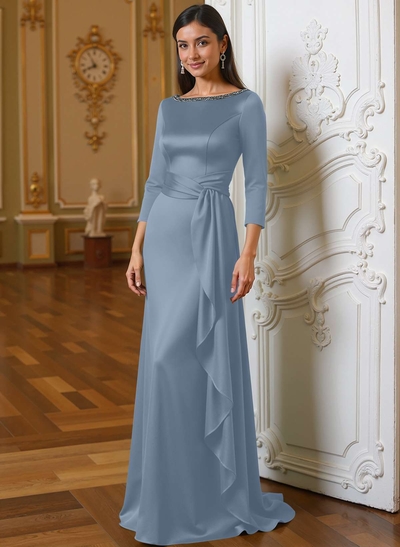 A-Line Scoop Neck 3/4 Sleeves Floor-Length Acetate Satin Mother Of The Bride Dresses With Rhinestone Sweeping Side Drape