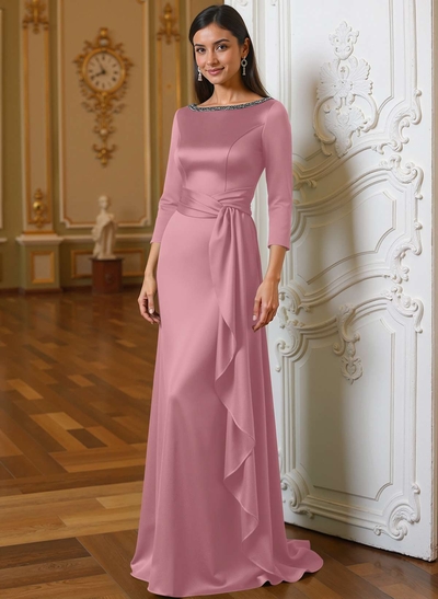A-Line Scoop Neck 3/4 Sleeves Floor-Length Acetate Satin Mother Of The Bride Dresses With Rhinestone Sweeping Side Drape