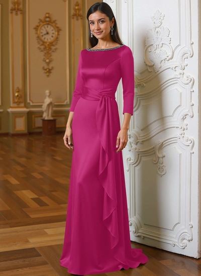 A-Line Scoop Neck 3/4 Sleeves Floor-Length Acetate Satin Mother Of The Bride Dresses With Rhinestone Sweeping Side Drape