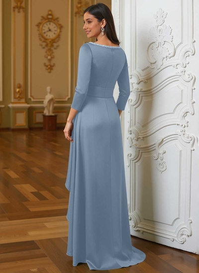 A-Line Scoop Neck 3/4 Sleeves Floor-Length Acetate Satin Mother Of The Bride Dresses With Rhinestone Sweeping Side Drape
