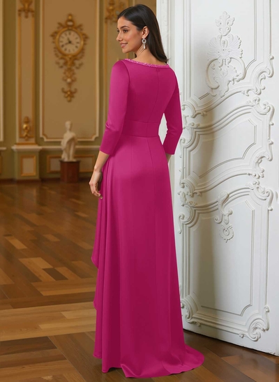 A-Line Scoop Neck 3/4 Sleeves Floor-Length Acetate Satin Mother Of The Bride Dresses With Rhinestone Sweeping Side Drape