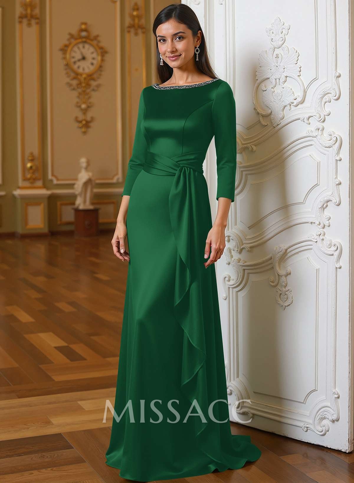 A-Line Scoop Neck 3/4 Sleeves Floor-Length Acetate Satin Mother Of The Bride Dresses With Rhinestone Sweeping Side Drape