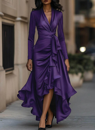 A-Line V-Neck Long Sleeves Asymmetrical Acetate Satin Mother Of The Bride Dresses With Ruffle