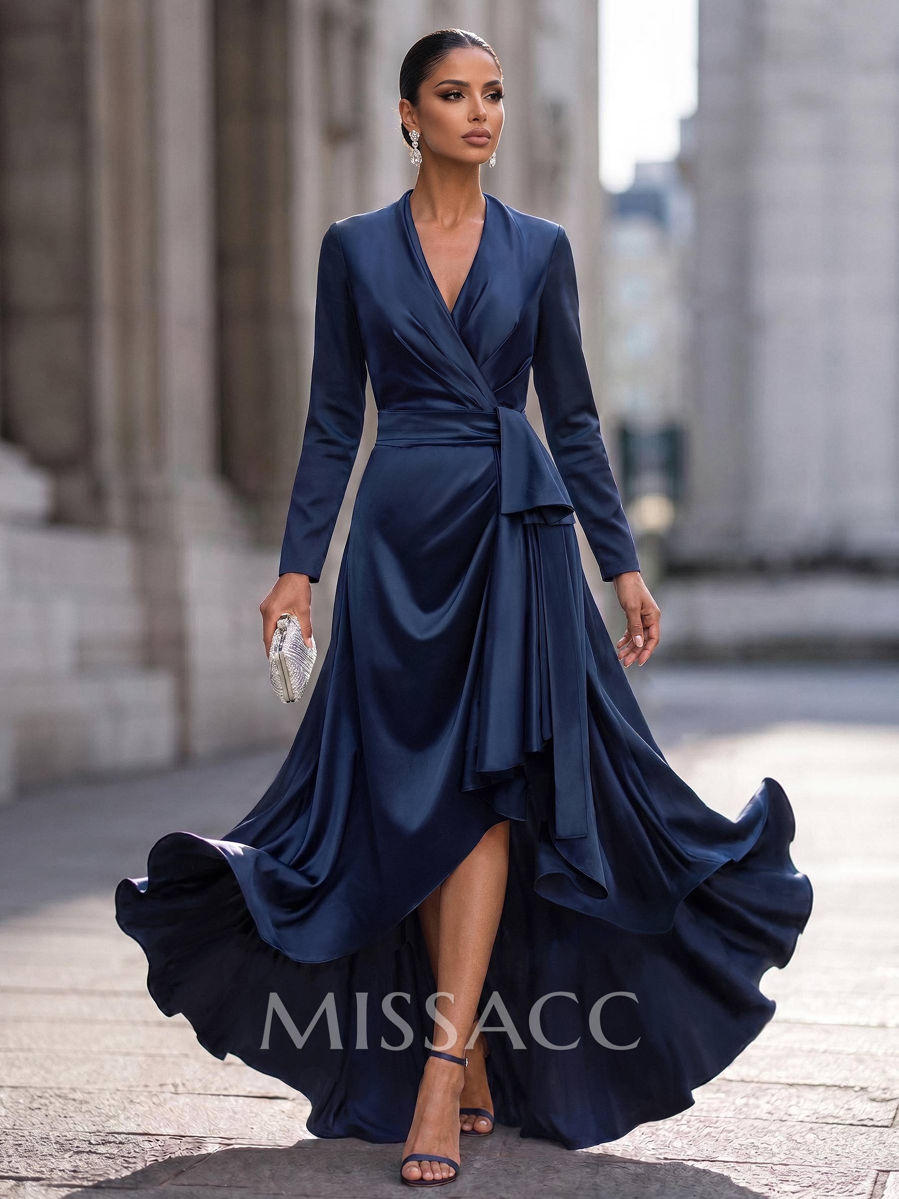 A-Line V-Neck Long Sleeves Asymmetrical Acetate Satin Mother Of The Bride Dresses With Ruffle