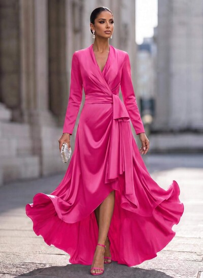 A-Line V-Neck Long Sleeves Asymmetrical Acetate Satin Mother Of The Bride Dresses With Ruffle