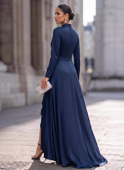 A-Line V-Neck Long Sleeves Asymmetrical Acetate Satin Mother Of The Bride Dresses With Ruffle