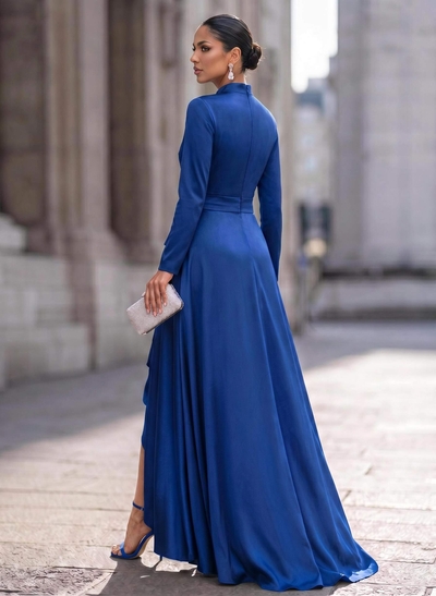 A-Line V-Neck Long Sleeves Asymmetrical Acetate Satin Mother Of The Bride Dresses With Ruffle