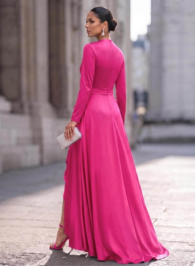 A-Line V-Neck Long Sleeves Asymmetrical Acetate Satin Mother Of The Bride Dresses With Ruffle