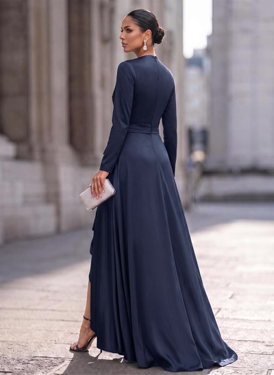 A-Line V-Neck Long Sleeves Asymmetrical Acetate Satin Mother Of The Bride Dresses With Ruffle