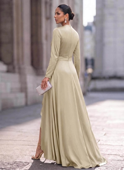 A-Line V-Neck Long Sleeves Asymmetrical Acetate Satin Mother Of The Bride Dresses With Ruffle