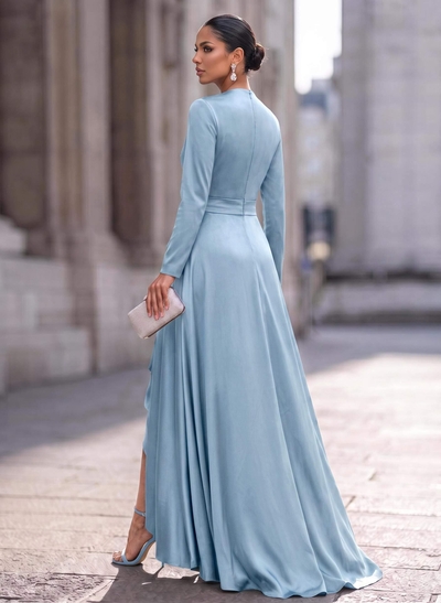 A-Line V-Neck Long Sleeves Asymmetrical Acetate Satin Mother Of The Bride Dresses With Ruffle