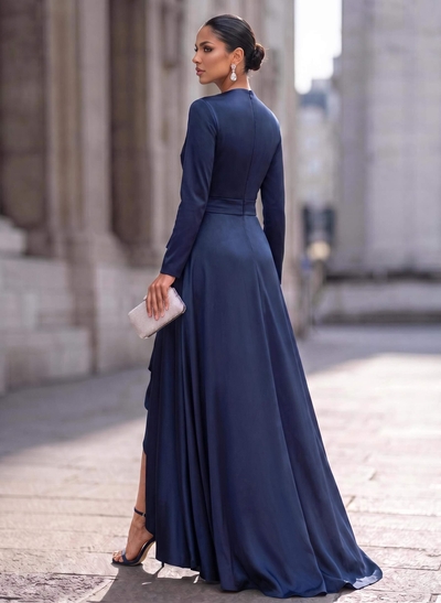 A-Line V-Neck Long Sleeves Asymmetrical Acetate Satin Mother Of The Bride Dresses With Ruffle