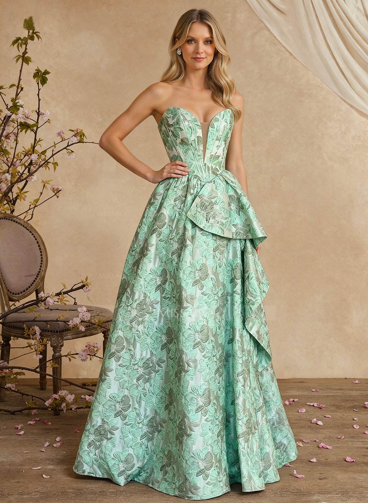 A-Line Sweetheart Plunge Neck Sleeveless Floor-Length Mother Of The Bride Dresses With Flower Sweeping Side Drape