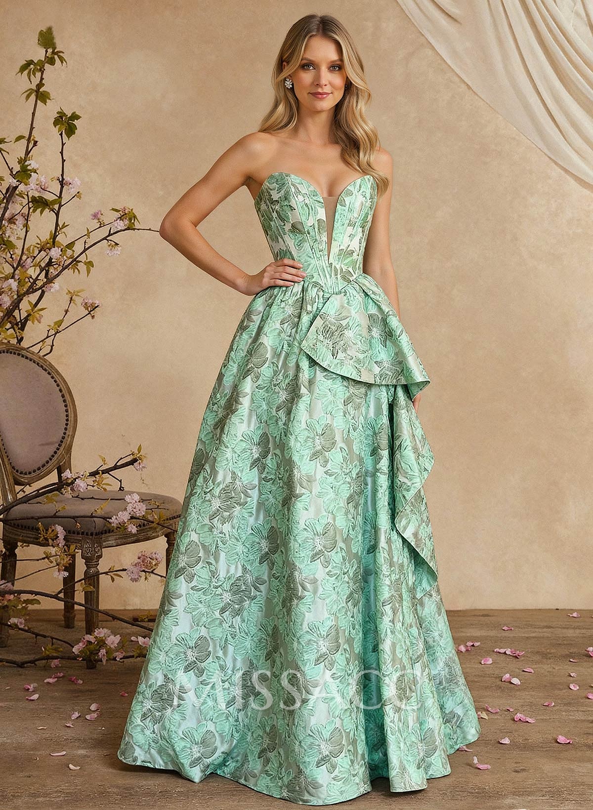 A-Line Sweetheart Plunge Neck Sleeveless Floor-Length Mother Of The Bride Dresses With Flower Sweeping Side Drape