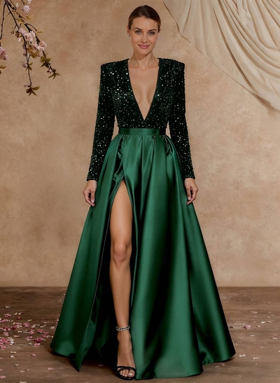Sparkly Long Sleeves Deep-V A-Line Evening Dresses With Satin Slit