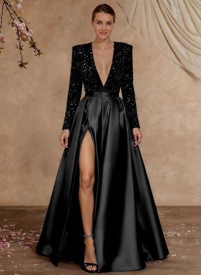 A-Line V-Neck Long Sleeves Floor-Length Satin Sequined Mother Of The Bride Dresses With Split Front