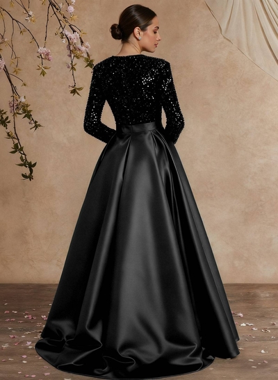 A-Line V-Neck Long Sleeves Floor-Length Satin Sequined Mother Of The Bride Dresses With Split Front