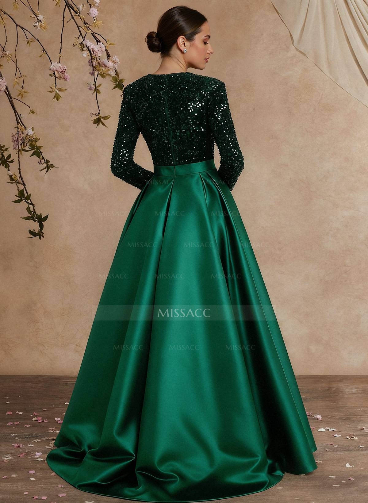 Sparkly Long Sleeves Deep-V A-Line Evening Dresses With Satin Slit
