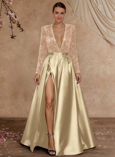 A-Line V-Neck Long Sleeves Floor-Length Satin Velvet Sequin Mother Of The Bride Dresses With Split Front