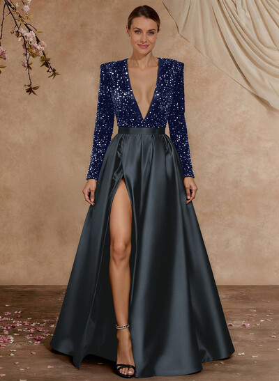 A-Line V-Neck Long Sleeves Floor-Length Satin Velvet Sequin Mother Of The Bride Dresses With Split Front