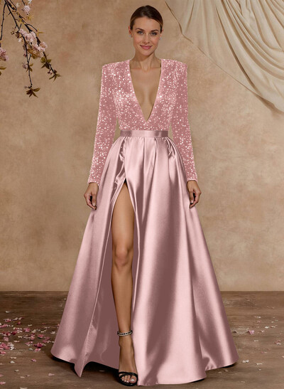 A-Line V-Neck Long Sleeves Floor-Length Satin Velvet Sequin Mother Of The Bride Dresses With Split Front