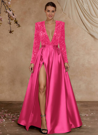 A-Line V-Neck Long Sleeves Floor-Length Satin Velvet Sequin Mother Of The Bride Dresses With Split Front