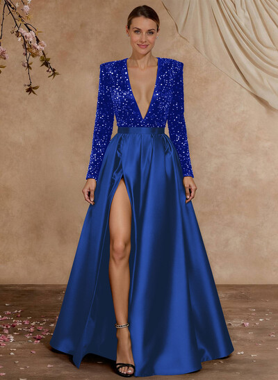 A-Line V-Neck Long Sleeves Floor-Length Satin Velvet Sequin Mother Of The Bride Dresses With Split Front