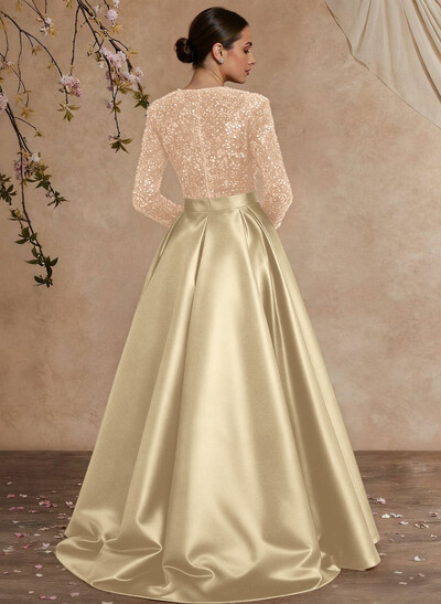 A-Line V-Neck Long Sleeves Floor-Length Satin Velvet Sequin Mother Of The Bride Dresses With Split Front