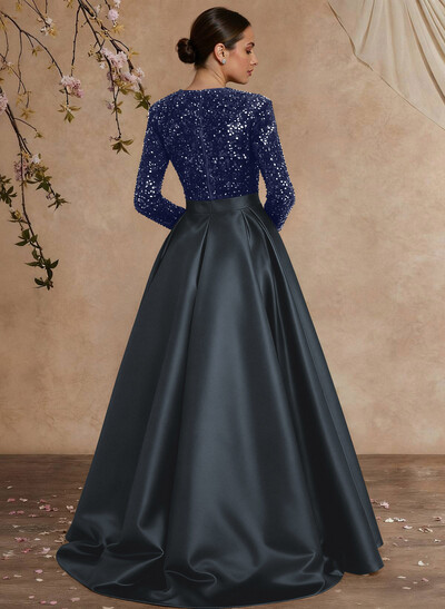 A-Line V-Neck Long Sleeves Floor-Length Satin Velvet Sequin Mother Of The Bride Dresses With Split Front