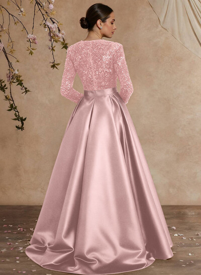 A-Line V-Neck Long Sleeves Floor-Length Satin Velvet Sequin Mother Of The Bride Dresses With Split Front