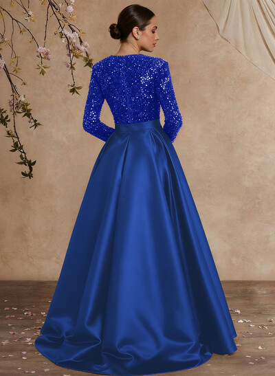 A-Line V-Neck Long Sleeves Floor-Length Satin Velvet Sequin Mother Of The Bride Dresses With Split Front