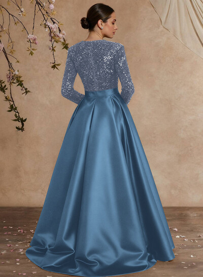 A-Line V-Neck Long Sleeves Floor-Length Satin Velvet Sequin Mother Of The Bride Dresses With Split Front