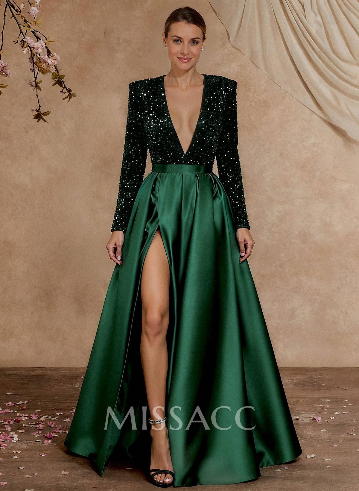 A-Line V-Neck Long Sleeves Floor-Length Satin Velvet Sequin Mother Of The Bride Dresses With Split Front