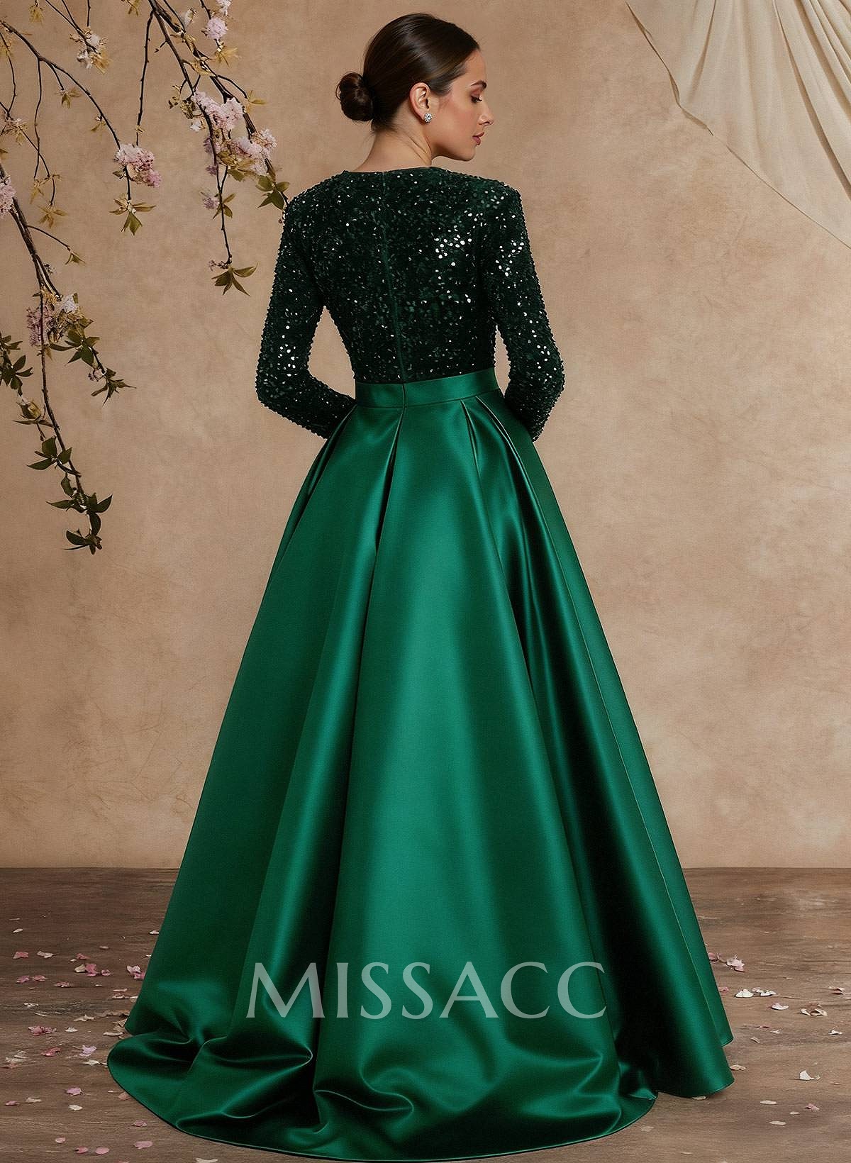 A-Line V-Neck Long Sleeves Floor-Length Satin Velvet Sequin Mother Of The Bride Dresses With Split Front